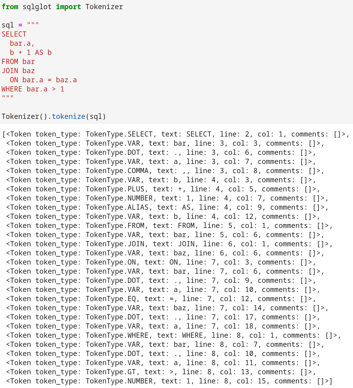 Tokenizer Output